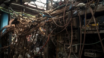 Many tangled wires in the old room. AI generative.