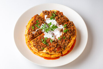 Turkish Food Kayseri Yaglama with Minced Meat, Yogurt and Tomato Paste