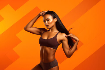 A fictional person. Confident fitness model posing against a one-color background