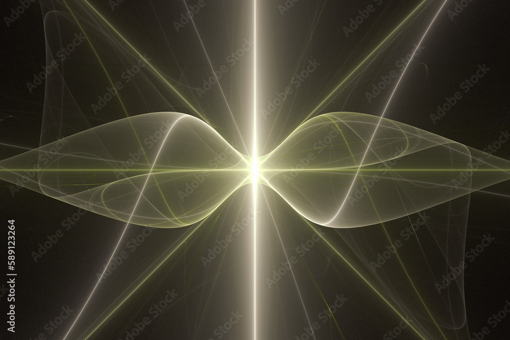 Poster yellow glowing pattern of crooked waves and rays on a black background. abstract fractal 3d renderin