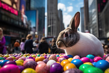 Fototapeta na wymiar Egg-citing Adventures: Easter Bunny and Colorful Eggs in NYC, Easter Egg Hunt in New York City