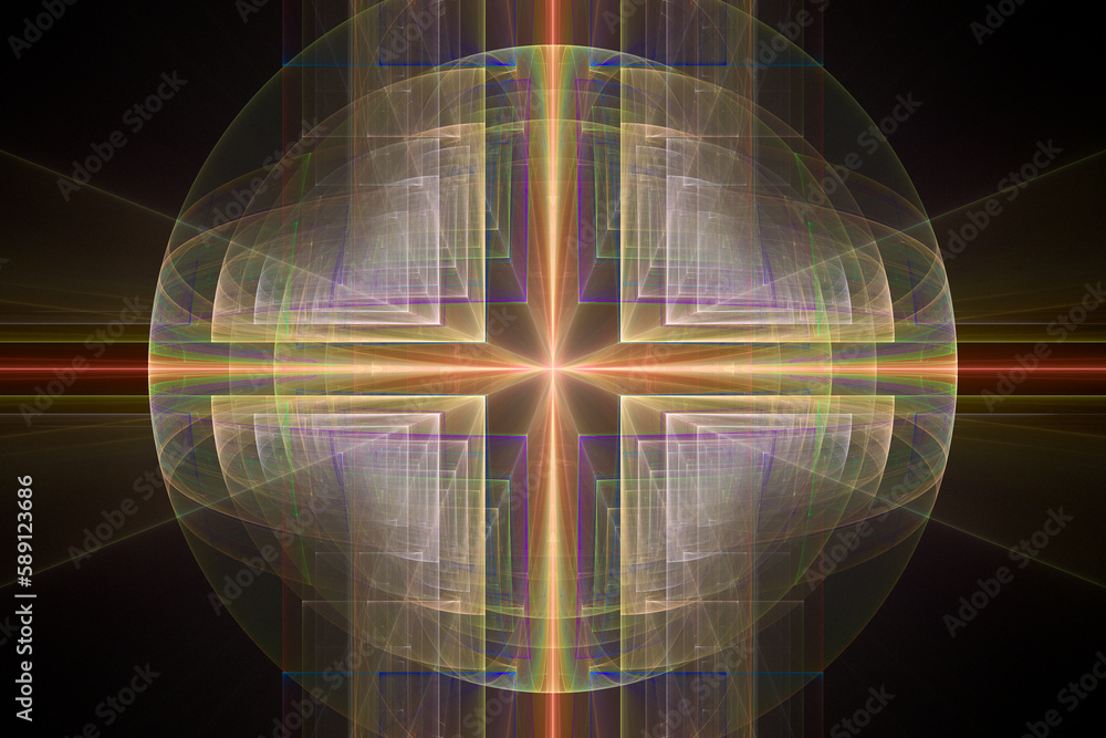 Poster orange pattern of curved shapes and rays on a black background. abstract fractal 3d rendering