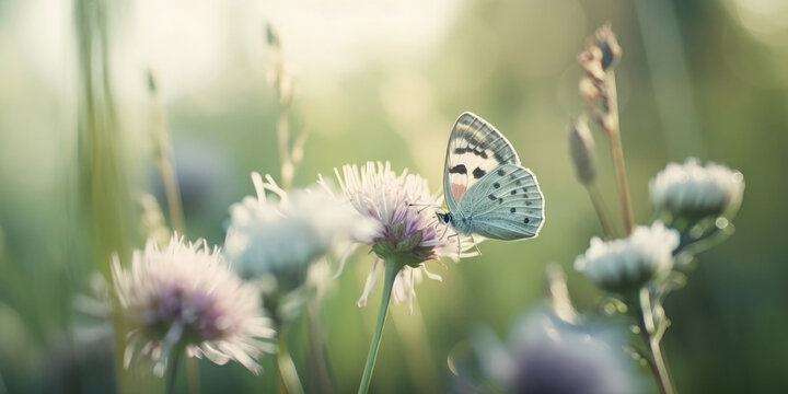 A butterfly sitting on a wild flower in the morning haze- Generative AI