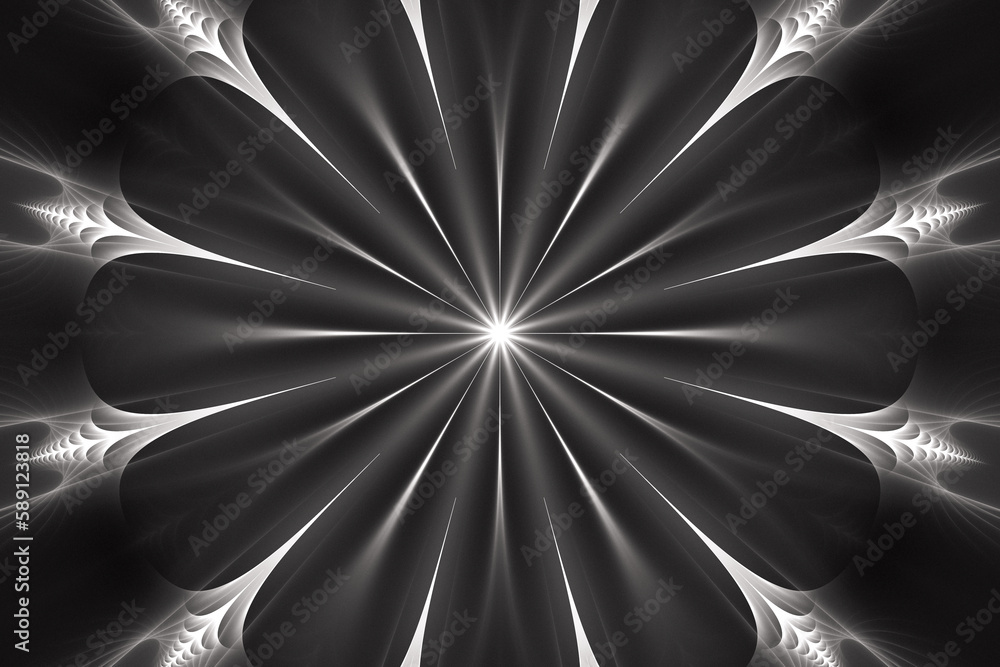 Aufkleber white glowing pattern of crooked waves and rays on a black background. abstract fractal 3d rendering