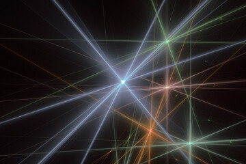 Multicolored pattern of crooked rays on a black background. Abstract fractal 3D rendering