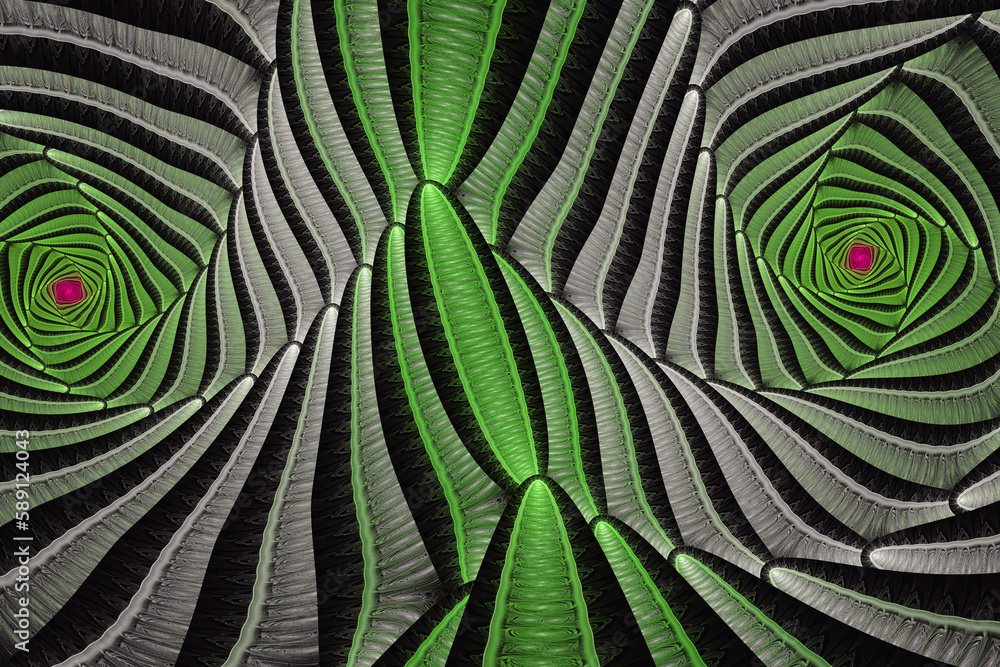 Poster green gray swirling pattern of crooked waves on a black background. abstract fractal 3d rendering