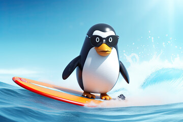 Funny penguin surfing on a wave.Sunny day. Summer concept. AI generative.