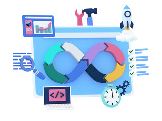 DevOps concept illustration. Abstract web screen for software development with icons of a plan, code, build, test, release, deploy, operate, monitor. 3d rendering image.