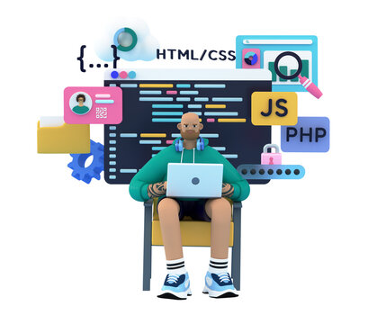 Programmer or developer sitting at the desk and coding. 3d rendering illustration. IT engineer or project manager communicate with team, researching and working.  Software development concept.
