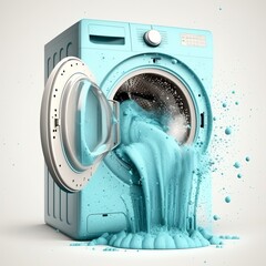 Washing machine drum with clean water flow and splashes. Laundry, washing powder concept. ajar opened door white or black background centrifugal housework menthol liquid waterfall Generative AI 