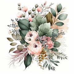 Watercolor floral bouquet with green leaves, pink peach blush white flowers leaf branches, for wedding invitations, greetings wallpapers, fashion prints Eucalyptus olive green rose peony Generative AI