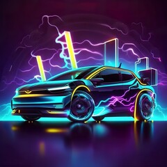 Electric car futuristic banner background. Charging the battery of an electric car on a bright, neon, cyberpunk, digital abstract  Technology, automotive, industry concept sport sedan Generative AI 