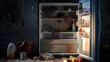 Open Fridge with food crumbs. AI generative.
