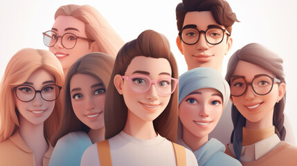 A group of multicultural students wearing bright colors and looking joyful on a light background. Generative AI