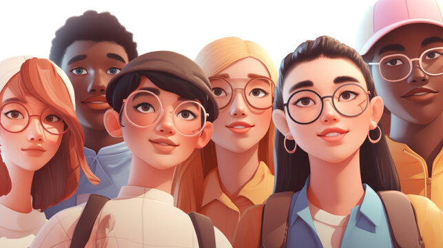 A diverse group of students smiling brightly in front of a light backdrop. Generative AI