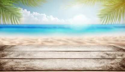 Fototapeta na wymiar Wooden planks on background of white sand ocean beach and sunny sky. Based on Generative AI