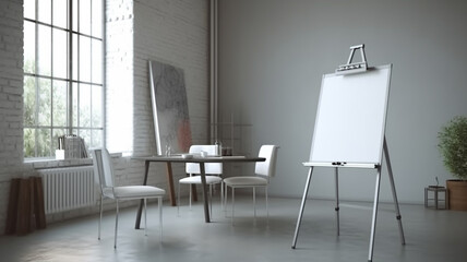 Empty flipchart in the foreground of minimalist modern office with table and space for three people, generative AI - 589125223