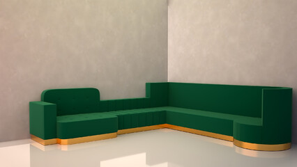 contemporary interior design sofa emerald green simple wall background mockup.