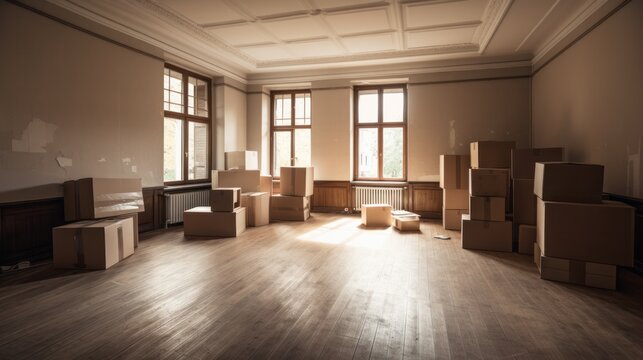 unfurnished room with many large cardboard boxes. House moving concept. AI generated