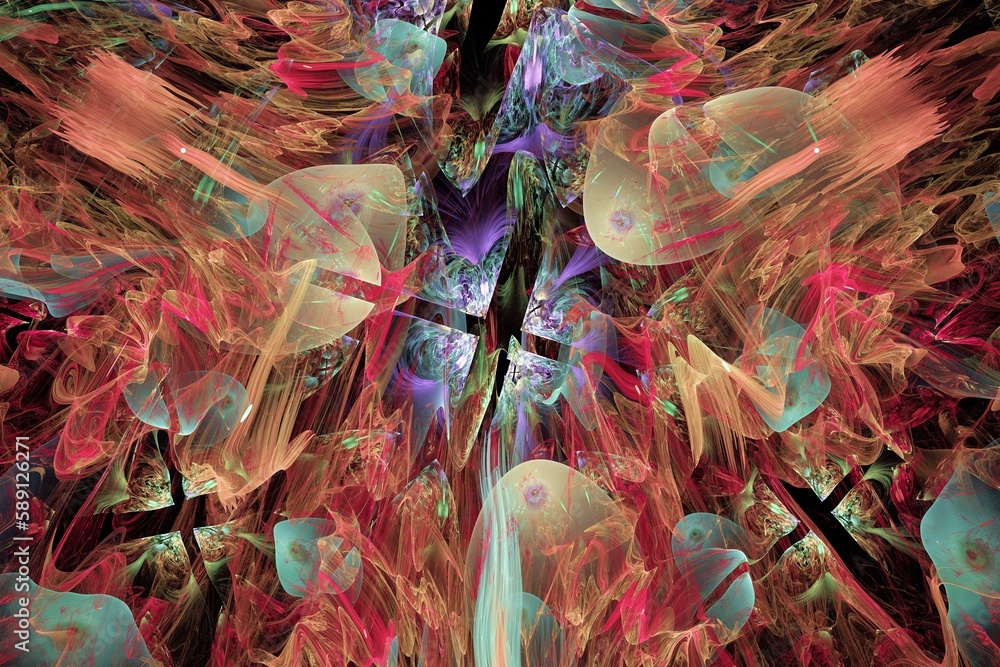 Poster orange multi-colored pattern of curved shapes and waves on a black background. abstract fractal 3d r