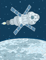 Scientific spacecraft with solar panels flying in orbit around the Moon, vector cartoon illustration © Alexey Bannykh