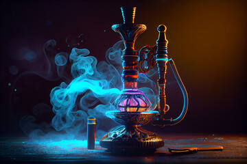 Hookah smoking on the background of an empty grunge wall, neon light, smoke, smog. High quality illustration