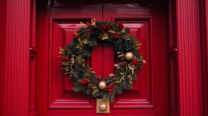 Elegance Christmas wreath on door, created with Generative AI Technology