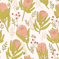 Protea flowers and leaves seamless pattern