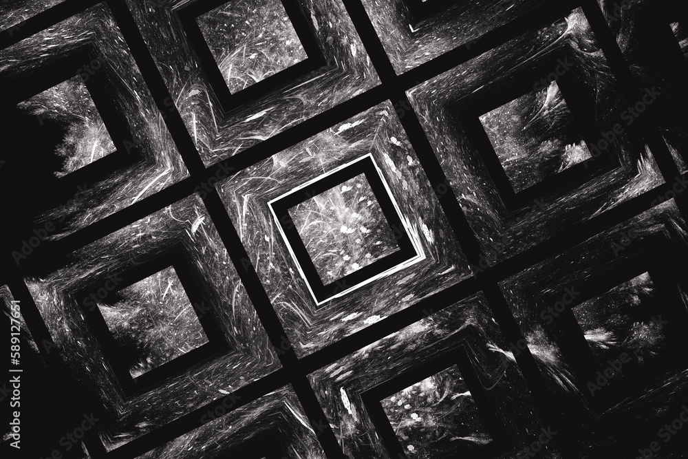 Poster white pattern of squares from crooked waves on a black background. abstract fractal 3d rendering