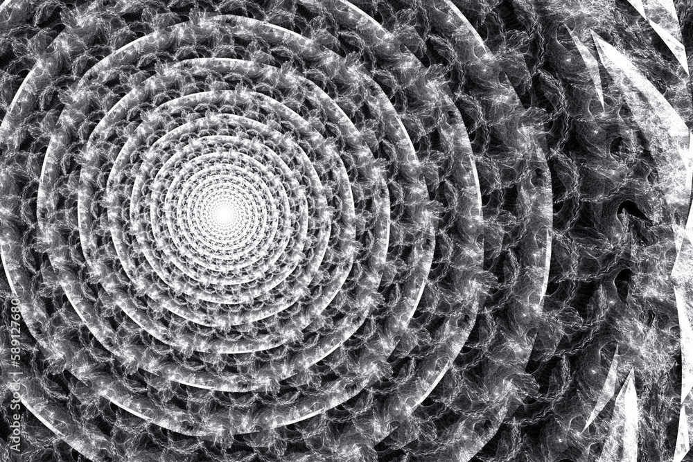 Poster white swirling pattern of crooked waves on a black background. abstract fractal 3d rendering