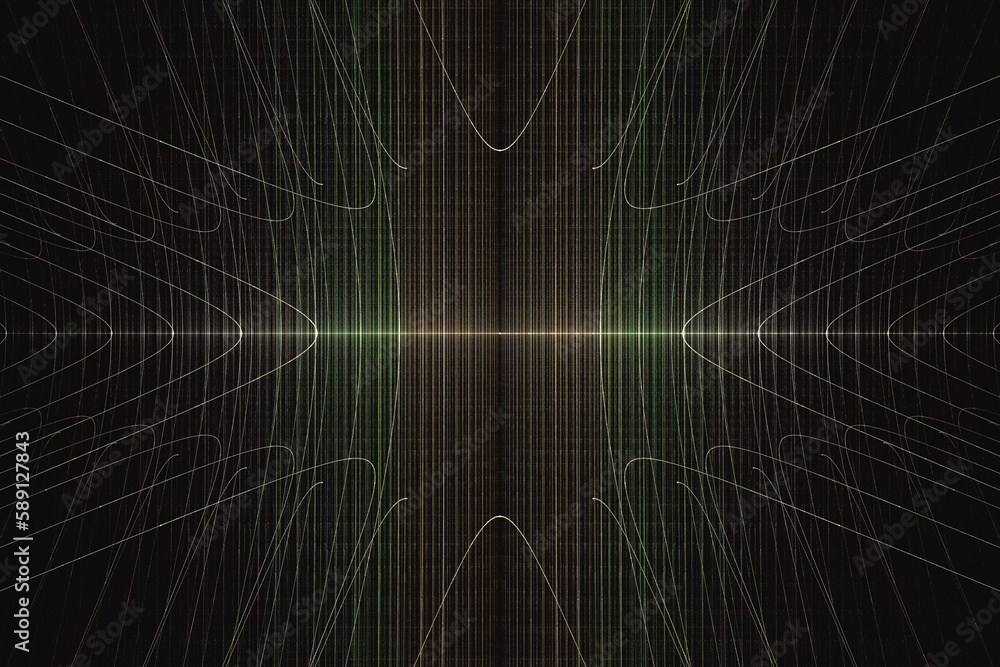 Poster green yellow pattern of crooked threads on a black background. abstract fractal 3d rendering