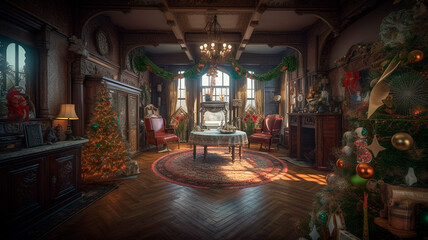 Fototapeta na wymiar Vintage Christmas interior on Victorian epoch, created with Generative AI Technology