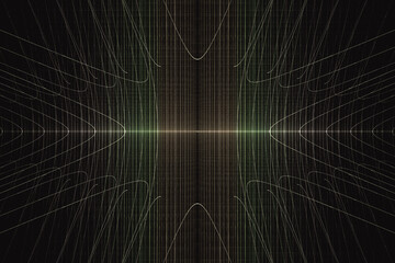 Green yellow pattern of crooked threads on a black background. Abstract fractal 3D rendering