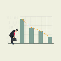 Fototapeta premium Decreasing graphic chart. Businessman limp looking the graph decline vector illustration