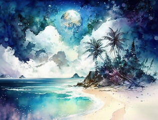 Obraz na płótnie Canvas Summer tropical beach watercolor background, Beautiful landscape with beach, Landscape painting, Watercolor landscape, Ocean watercolor hand painting illustration.