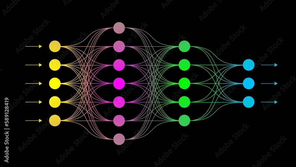 Poster neural network - the future concept of machine learning on black background - 3d illustration