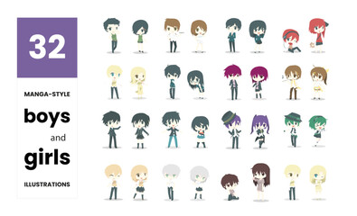Pack 32 manga-style boys and girls illustrations in vector