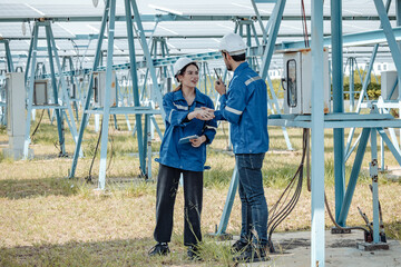 Fototapeta premium Solar electric installer and practitioner inspect electrical systems for appropriate wiring, polarity, grounding, and termination reliability. Following and adhering to safety protocols and procedures