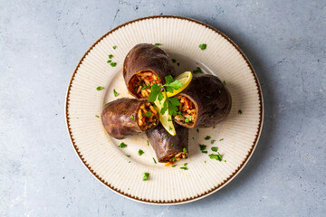 Traditional delicious Turkish foods; eggplant stuffed (patlican dolmasi)