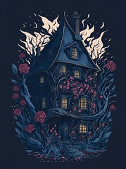 Medieval witch house cartoon. AI generated illustration