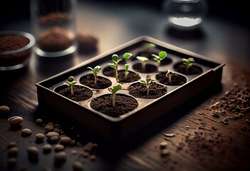 a seedling tray full of sprouting seeds. Lots of sprouting seeds in a germination tray, seen in fine detail at a shallow depth of field. Generative AI
