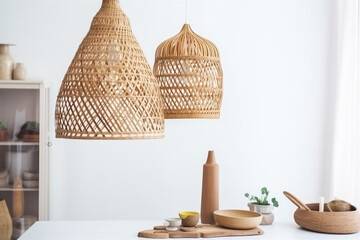 kitchen room rattan beige dining style decor furniture lamp table. Generative AI.