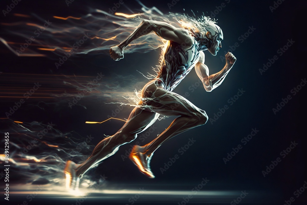 Poster a fast running runner leaves behind a speed light. generative ai