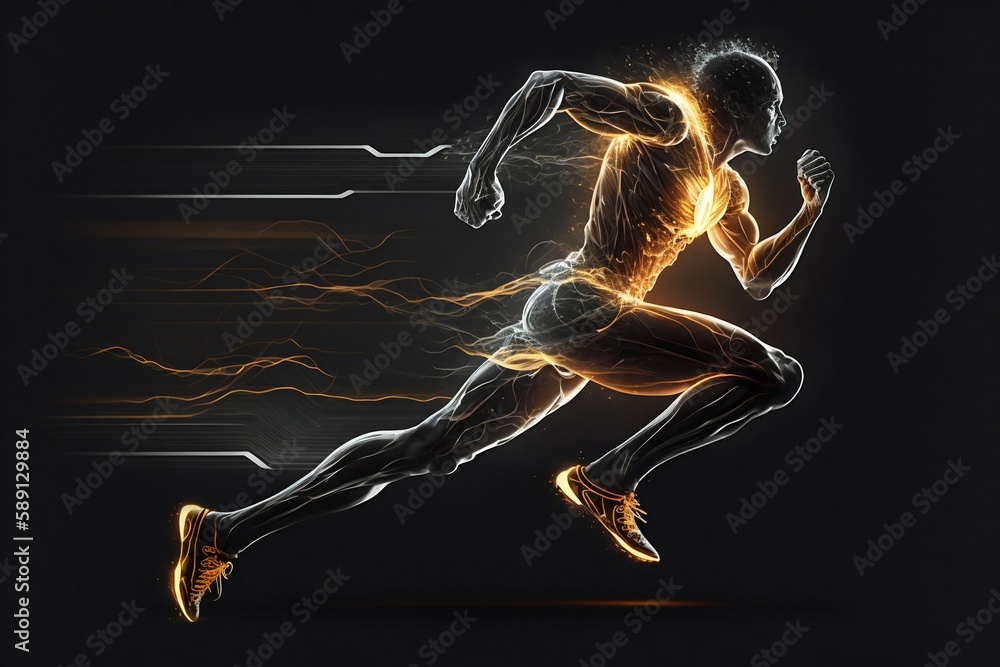 Poster a fast running runner leaves behind a speed light. generative ai