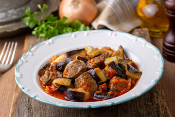 Traditional Turkish cuisine; Meaty Eggplant Dish. Turkish name; patlican guvec or patlican tava