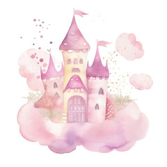 Pink Watercolor Castle Isolated. Illustration AI Generative.