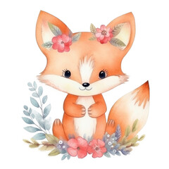 Cute watercolor fox. Illustration AI Generative