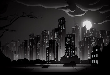 city skyline at night, captured form air, storyboard, black and white, cartoon