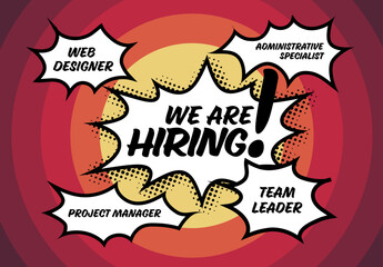 We are hiring minimalistic red flyertemplate with comic strip bubble on orange background