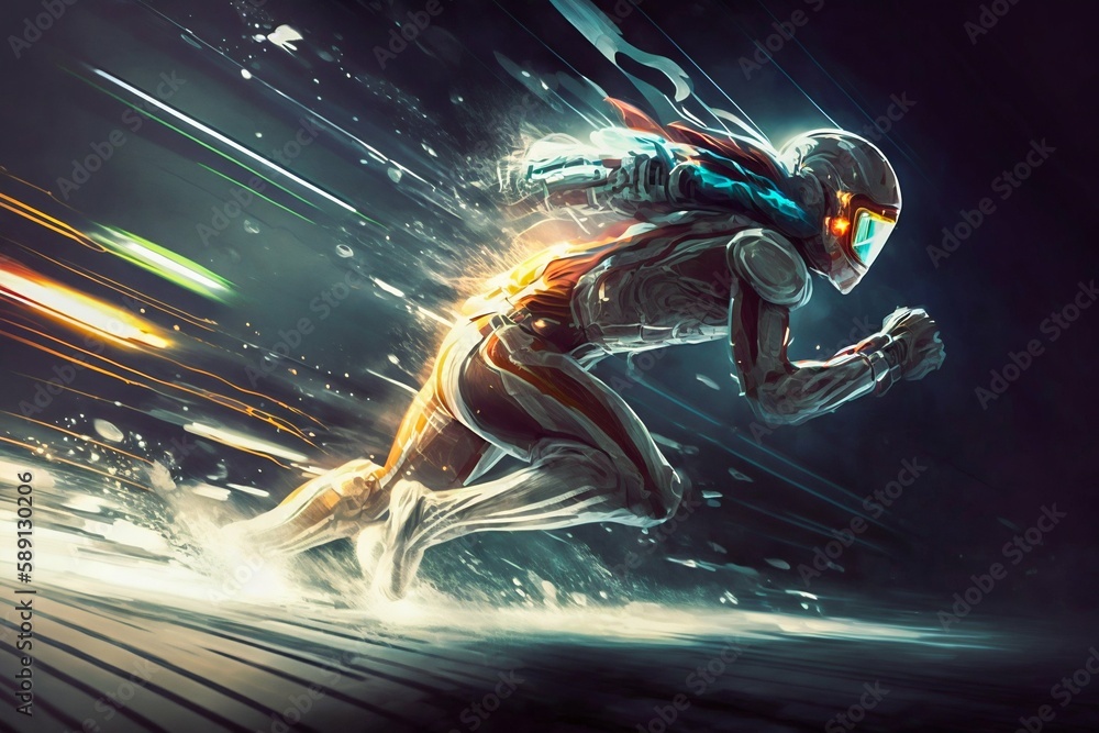 Poster a fast running runner leaves behind a speed light. generative ai